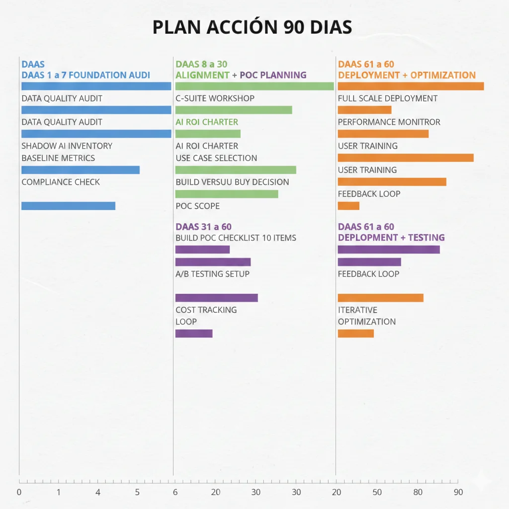 Diagrama Gantt mostrando action plan 30-60-90 días con hitos clave para decisión cloud vs on-premises