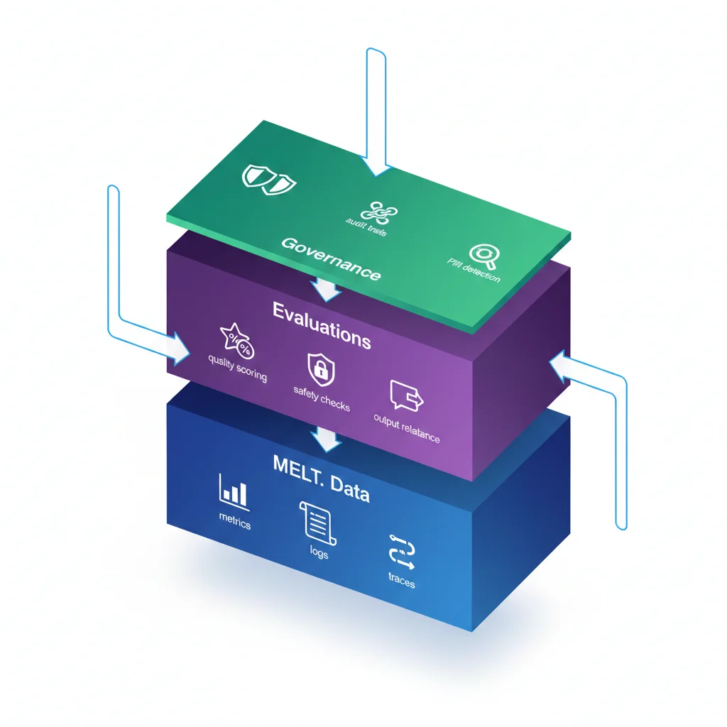 Arquitectura completa observability agentic AI mostrando 3 capas: MELT data tradicional (metrics, logs, traces), evaluation layer (reasoning quality, safety, output quality), governance layer (compliance, audit trails, PII detection)