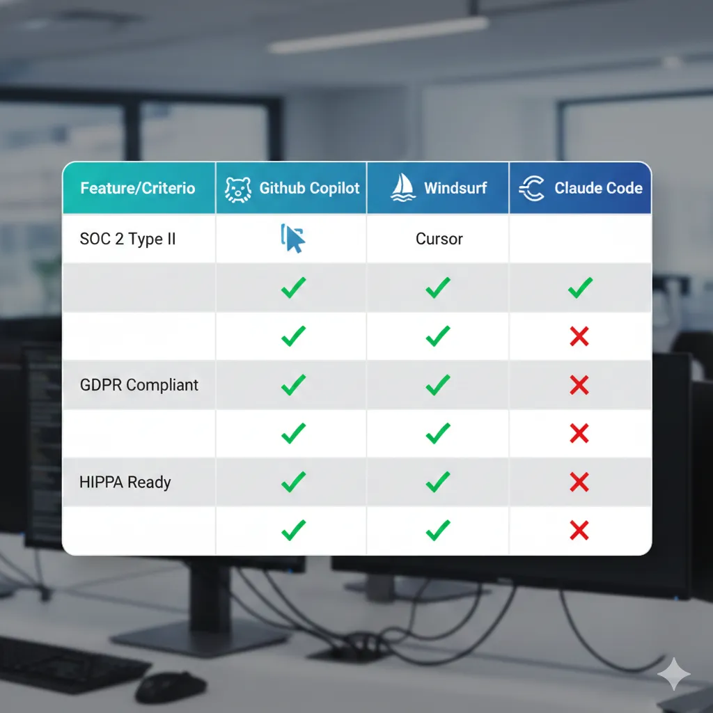 Tabla comparativa de seguridad entre GitHub Copilot, Cursor, Windsurf, Claude Code: certificaciones SOC 2, GDPR, HIPAA, CVEs conocidos