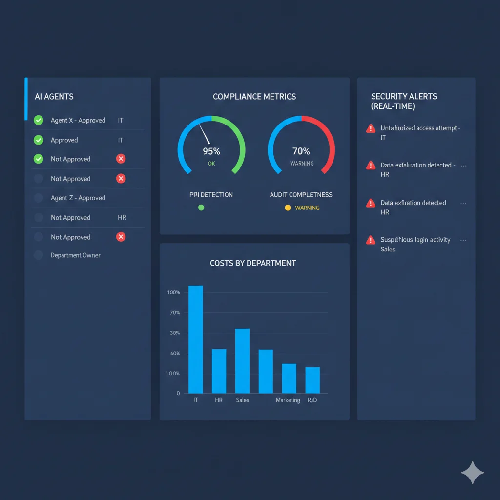 Dashboard centralizado AI governance mostrando inventario completo de agents (aprobados y shadow), métricas de cumplimiento (PII detection, audit trails), alertas de seguridad en tiempo real, y tracking de costos por departamento