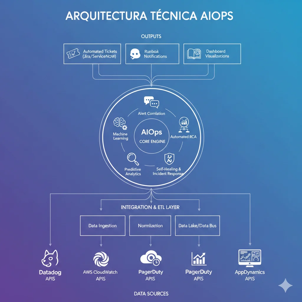 Diagrama arquitectura AIOps mostrando flujo de datos desde múltiples fuentes de monitoreo hacia motor de correlación de eventos con machine learning y salida hacia automatización de remedios