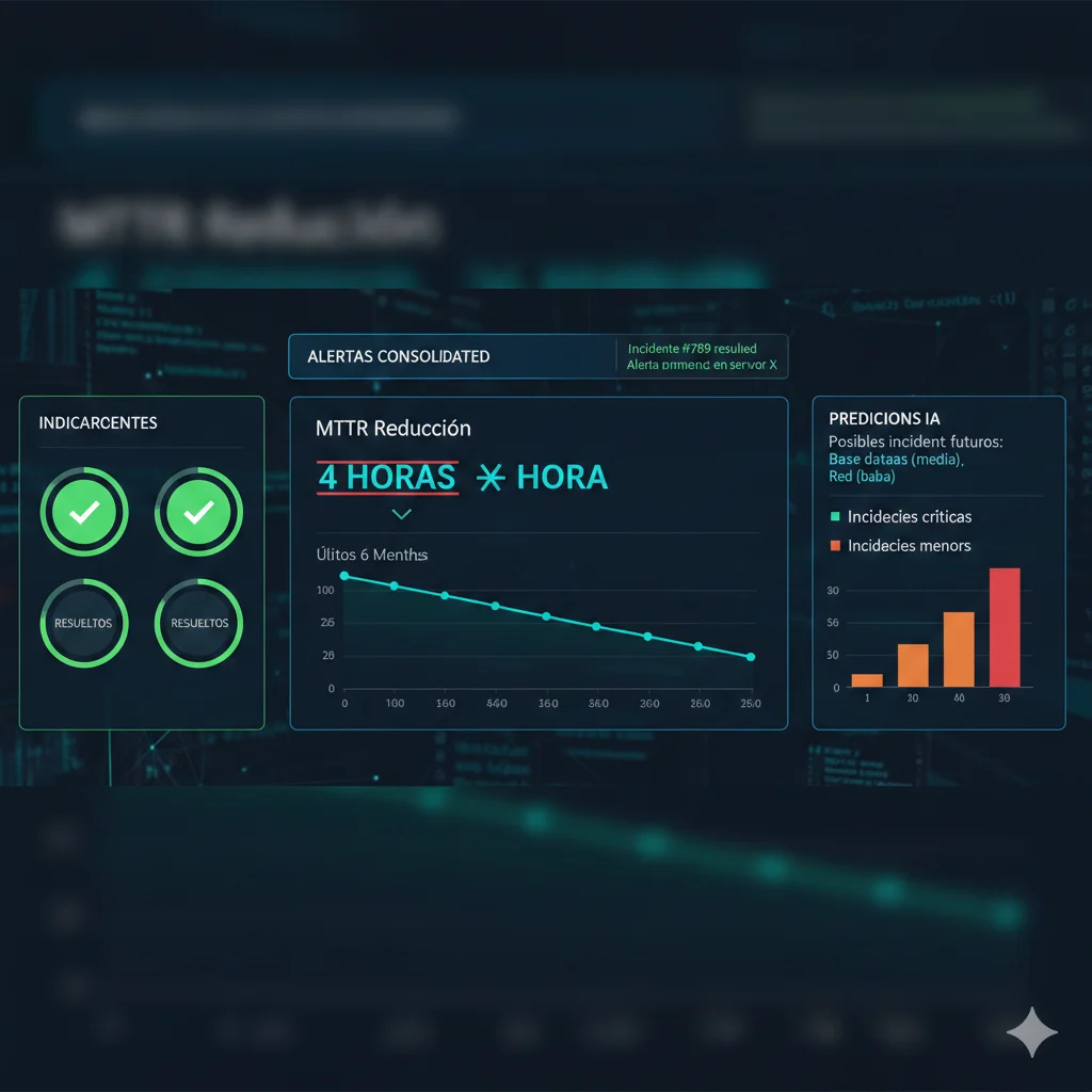 Dashboard AIOps moderno mostrando reducción MTTR de 4 horas a 1 hora con gráficos en tiempo real, alertas consolidadas y predicción de incidentes con inteligencia artificial