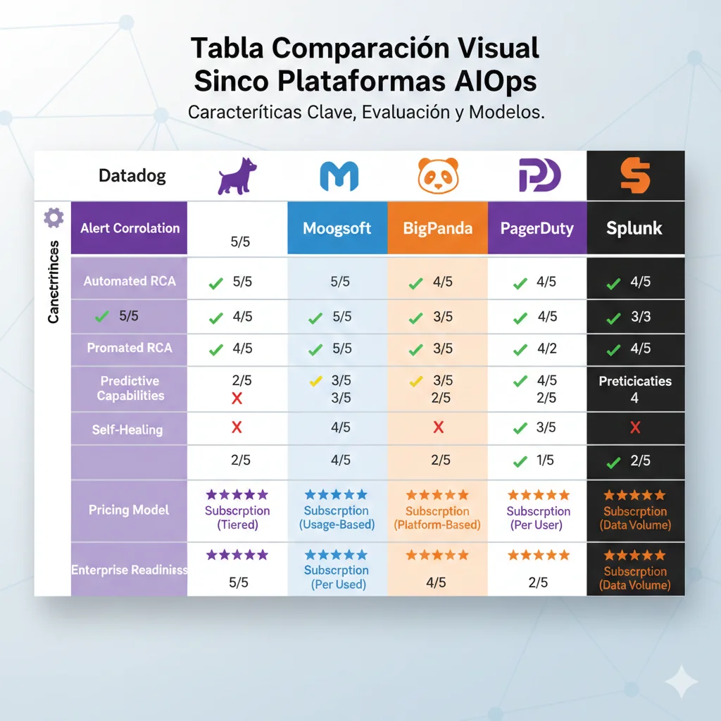 Matriz comparativa de plataformas AIOps 2026 mostrando Datadog, Moogsoft, BigPanda, PagerDuty y Splunk con iconos de características y puntuaciones