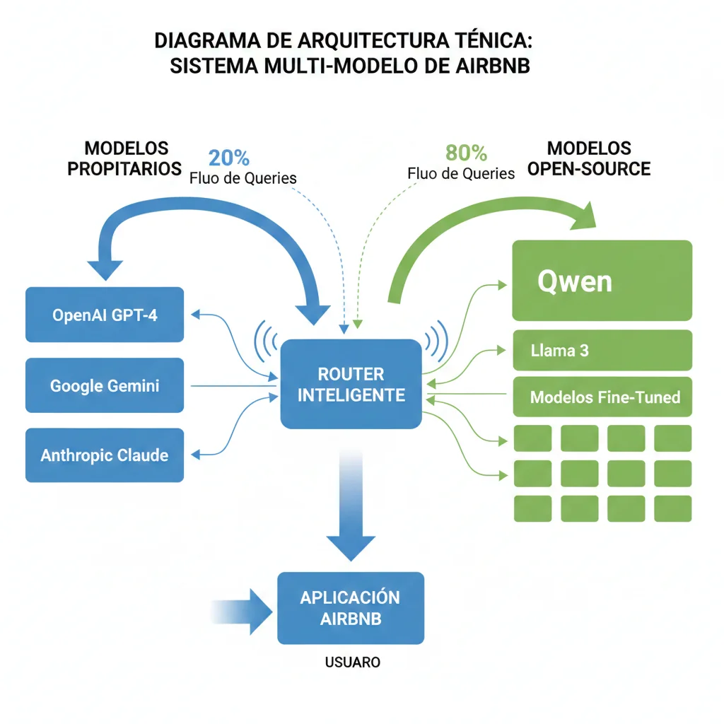Diagrama de arquitectura mostrando estrategia multi-modelo de Airbnb con 13 modelos de IA diferentes incluyendo Qwen, OpenAI, Google y modelos open-source