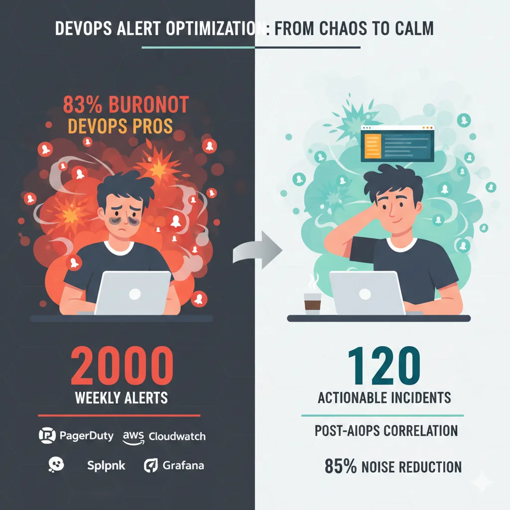 Ingeniero DevOps exhausto frente a múltiples pantallas con alertas rojas parpadeando, representando burnout y alert fatigue provocado por sobrecarga de notificaciones