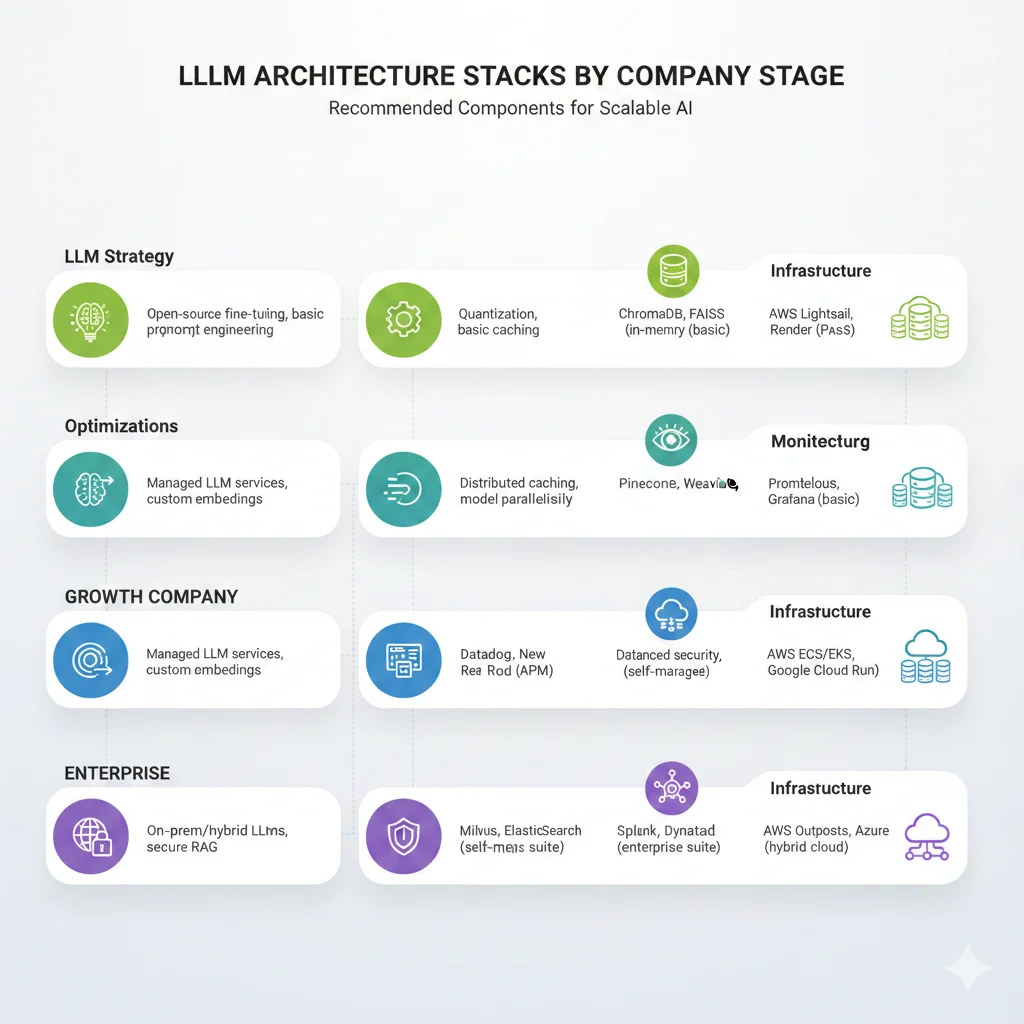 Diagrama arquitectura de tres tiers mostrando stacks recomendados para startup growth y enterprise con componentes clave