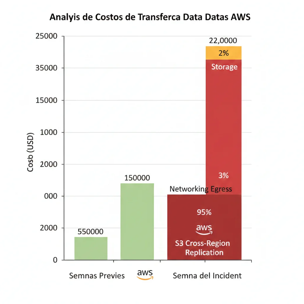 Gráfico mostrando spike de costes AWS egress cross-region pasando de gasto normal a 220000 dólares semanales con breakdown por servicio S3 replication