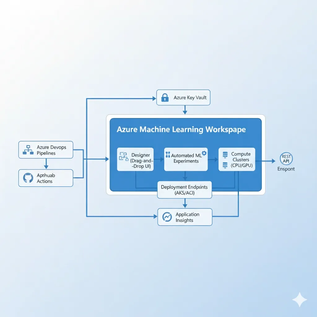 Diagrama Azure ML workspace mostrando Designer drag-drop, Automated ML, compute clusters, deployment endpoints con integración Azure DevOps y GitHub Actions