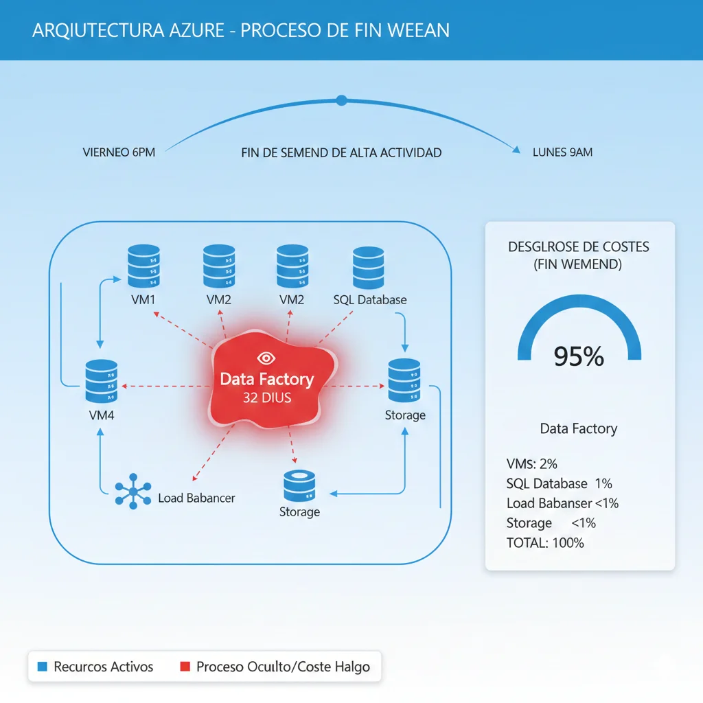 Diagrama mostrando recursos Azure corriendo todo el fin de semana con breakdown de costes por servicio y proceso oculto no visible en portal