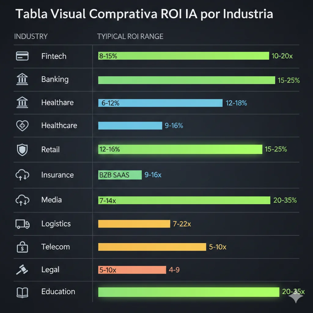Tabla visual comparativa ROI IA por industria mostrando 12 sectores con ranges ROI, timeframes típicos, use cases principales, y factores críticos de éxito por vertical