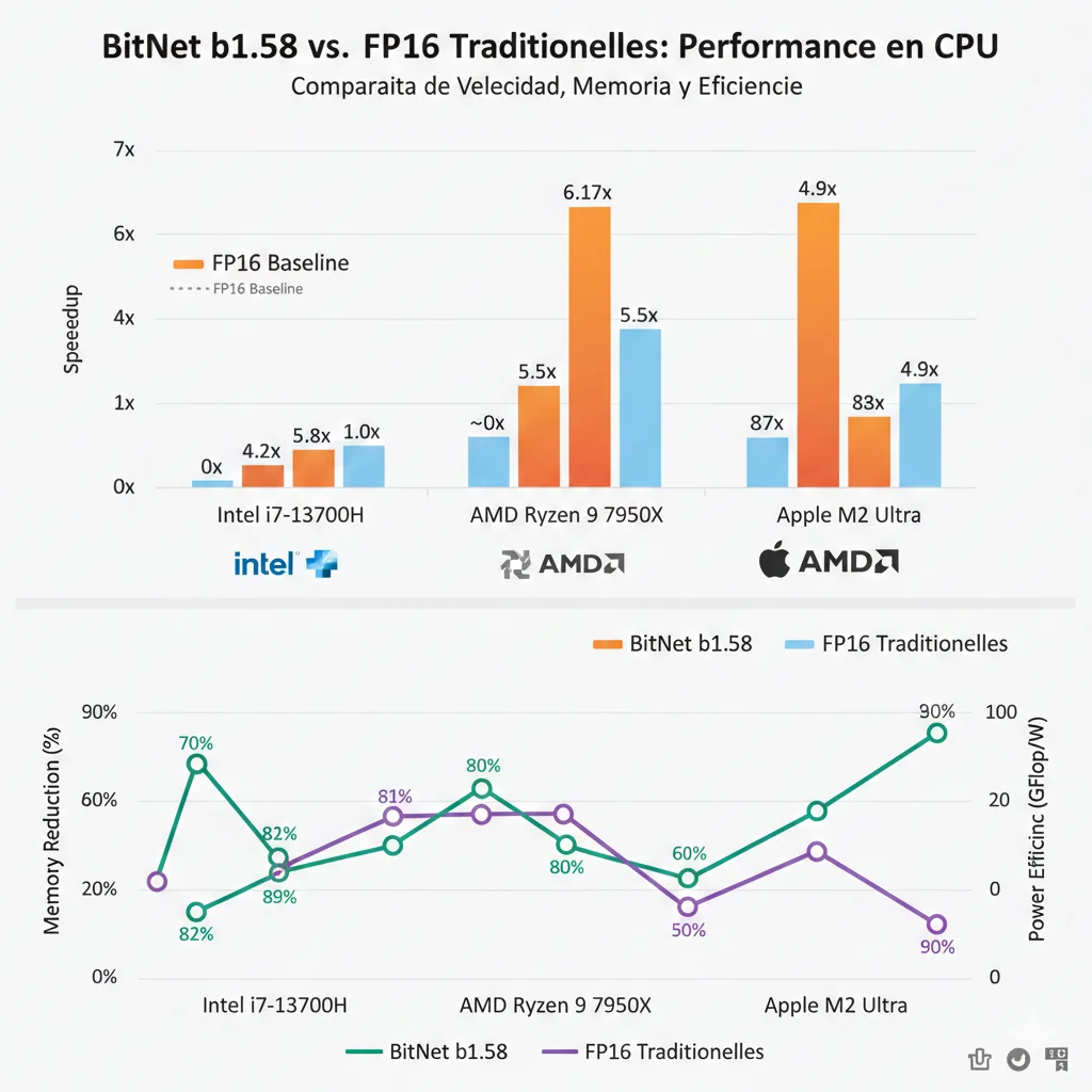 Gráfico de barras comparativo mostrando speedup de inferencia CPU y reducción energética de BitNet versus modelos FP16 en arquitecturas x86 y ARM