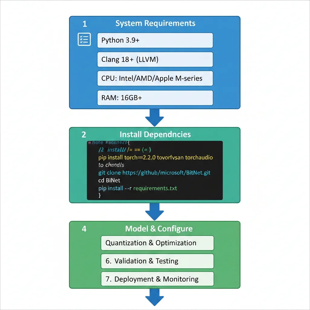 Diagrama de flujo del proceso de implementación BitNet desde instalación dependencias hasta deployment producción con 8 pasos principales