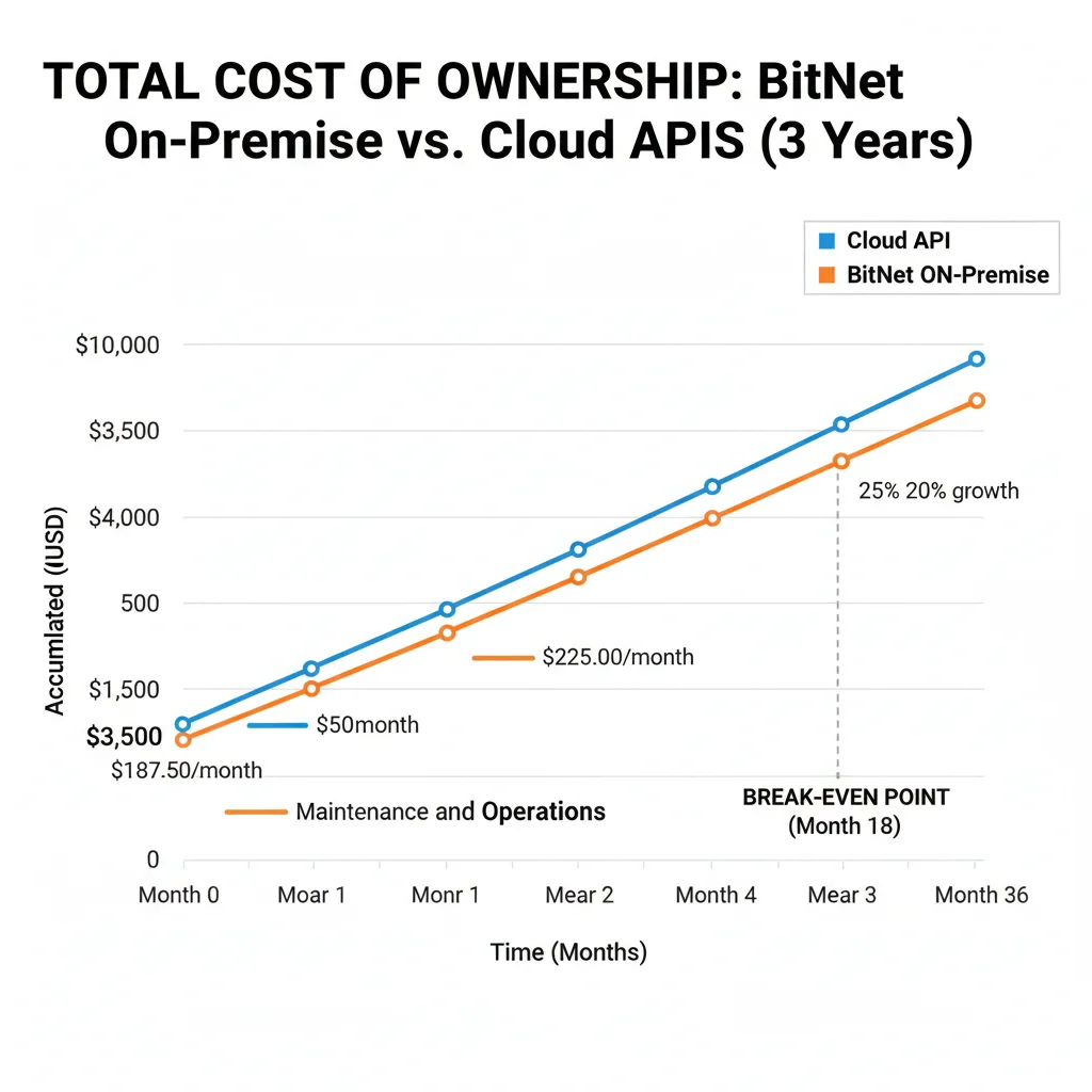 Gráfico de líneas mostrando Total Cost of Ownership comparando BitNet on-premise versus GPT-4 API cloud con punto de break-even marcado a 13 meses