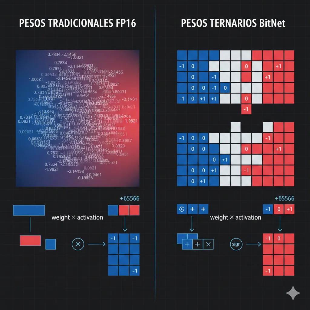 Diagrama arquitectura BitNet mostrando pesos ternarios -1, 0, +1 vs pesos tradicionales float de 16-bit con comparativa visual de memoria y velocidad