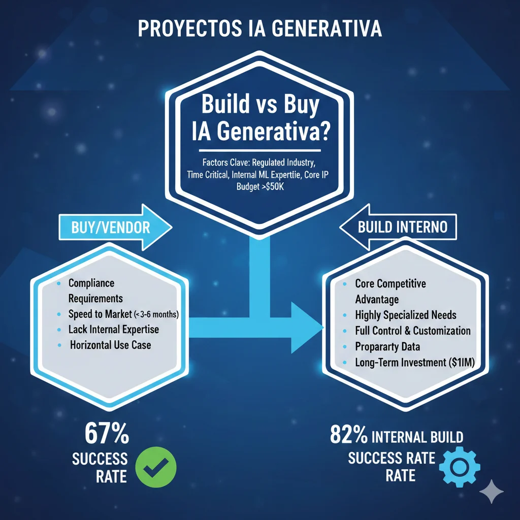 Árbol de decisión visual build versus buy para proyectos IA generativa mostrando factores críticos: time to market, expertise interna, budget, compliance, core IP, con percentages 67 por ciento vendor success versus 33 por ciento internal builds