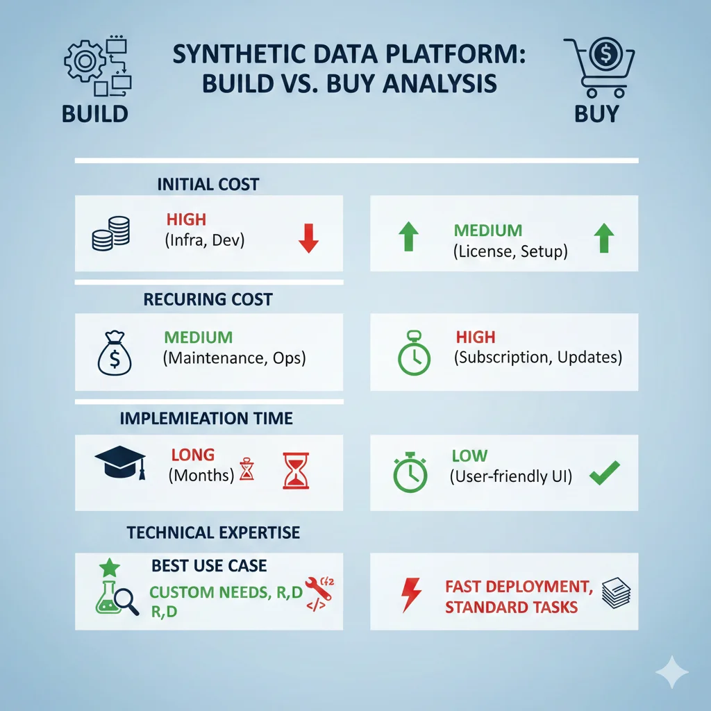Tabla comparativa build vs buy mostrando costes, tiempo, expertise requerido, y mejor caso de uso