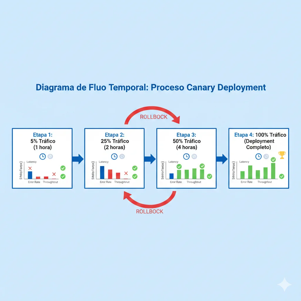 Diagrama de flujo canary deployment mostrando etapas 5%, 25%, 50%, 100% tráfico con validación de métricas entre cada fase