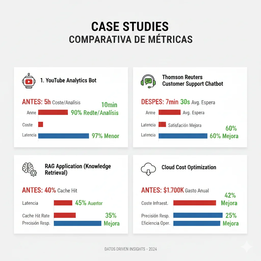 Gráfico comparación métricas 4 case studies mostrando antes después costes latency cache hit rates YouTube bot Thomson Reuters customer support RAG application