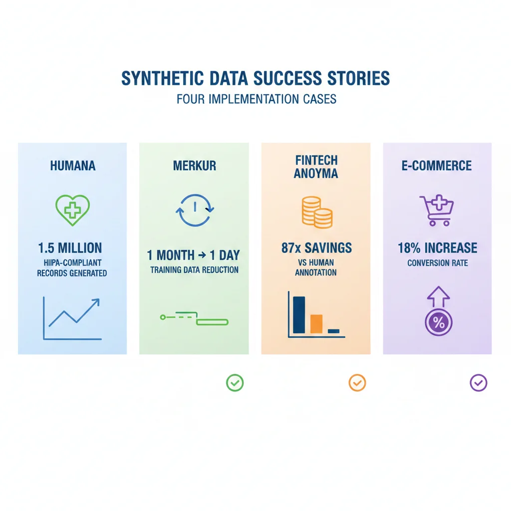 Infografía mostrando resultados de casos de éxito: Humana 1.5M records, Merkur 1 mes a 1 día, fintech 87x ahorro