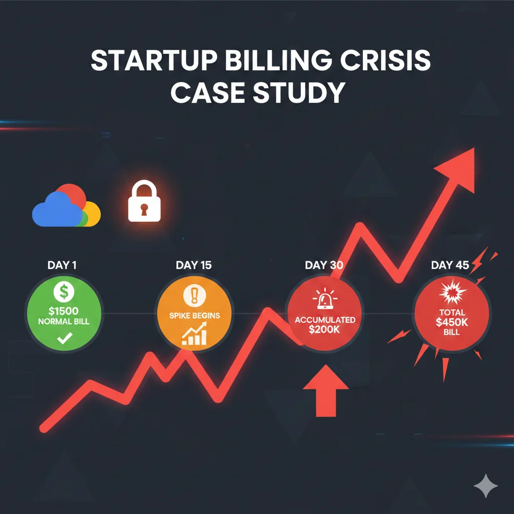Infografía caso estudio startup con factura de $450K en 45 días, timeline mostrando día 1 factura normal $1500, día 15 spike comienza, día 30 alcanza $200K, día 45 total $450K, incluir iconos de API key comprometida, Google Cloud logo, y gráfico exponencial ascendente rojo