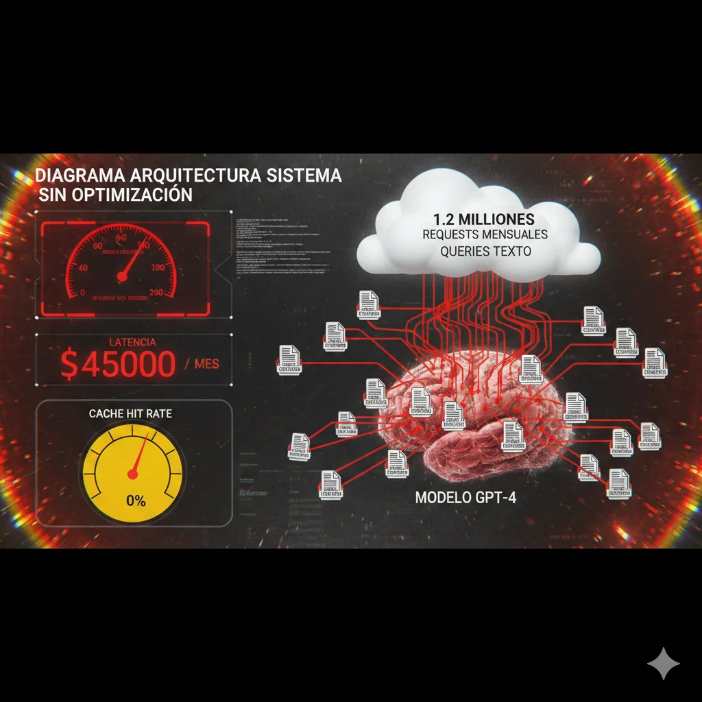 Arquitectura inicial sin caching mostrando 1.2M queries/mes llamando directamente a GPT-4 con full context cada vez, latencia 6.2s, coste $45k/mes