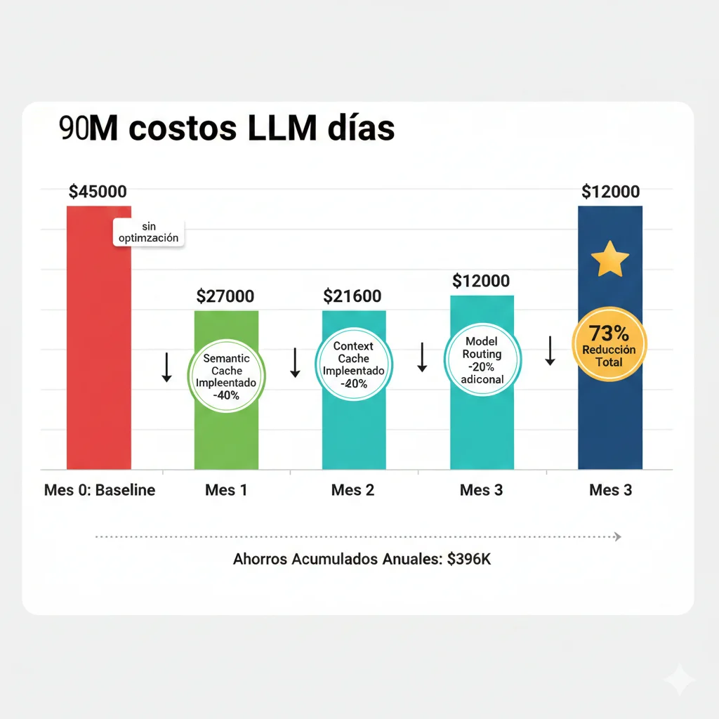 Timeline 90 días mostrando evolución costes mes a mes: Mes 0 $45k baseline, Mes 1 $27k (-40% semantic cache), Mes 2 $21.6k (-20% context cache), Mes 3 $12k (-10% model routing), total 73% reducción