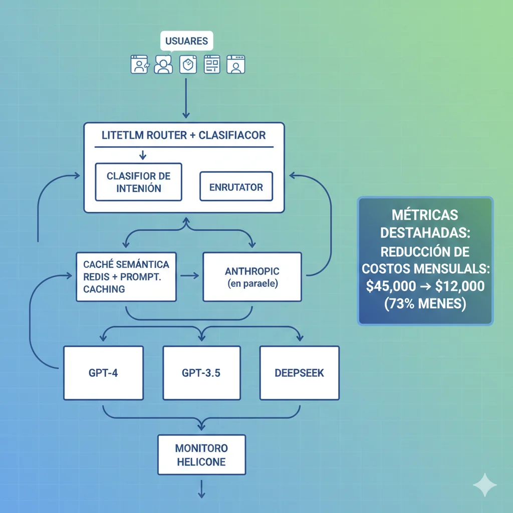 Arquitectura completa sistema optimización LLM con LiteLLM router prompt caching semantic cache Redis monitoring Helicone y métricas de ahorro 73 por ciento