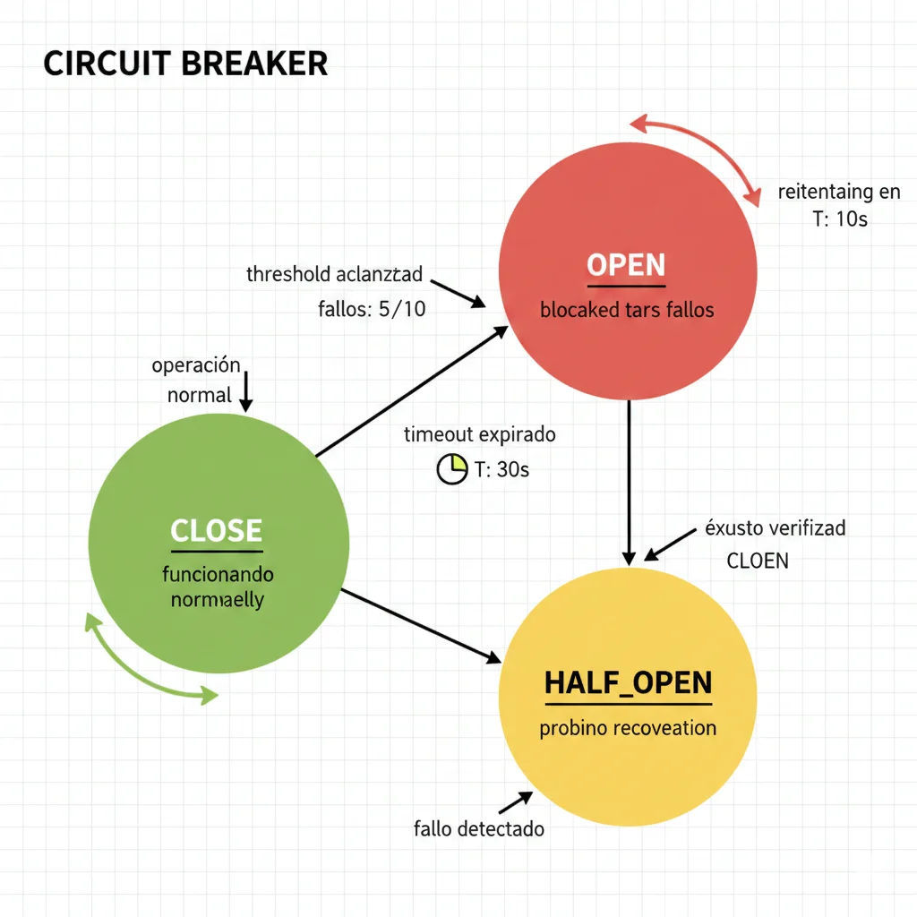 Diagrama de máquina de estados de circuit breaker mostrando transiciones entre CLOSED, OPEN y HALF_OPEN con contadores de fallos y timeouts