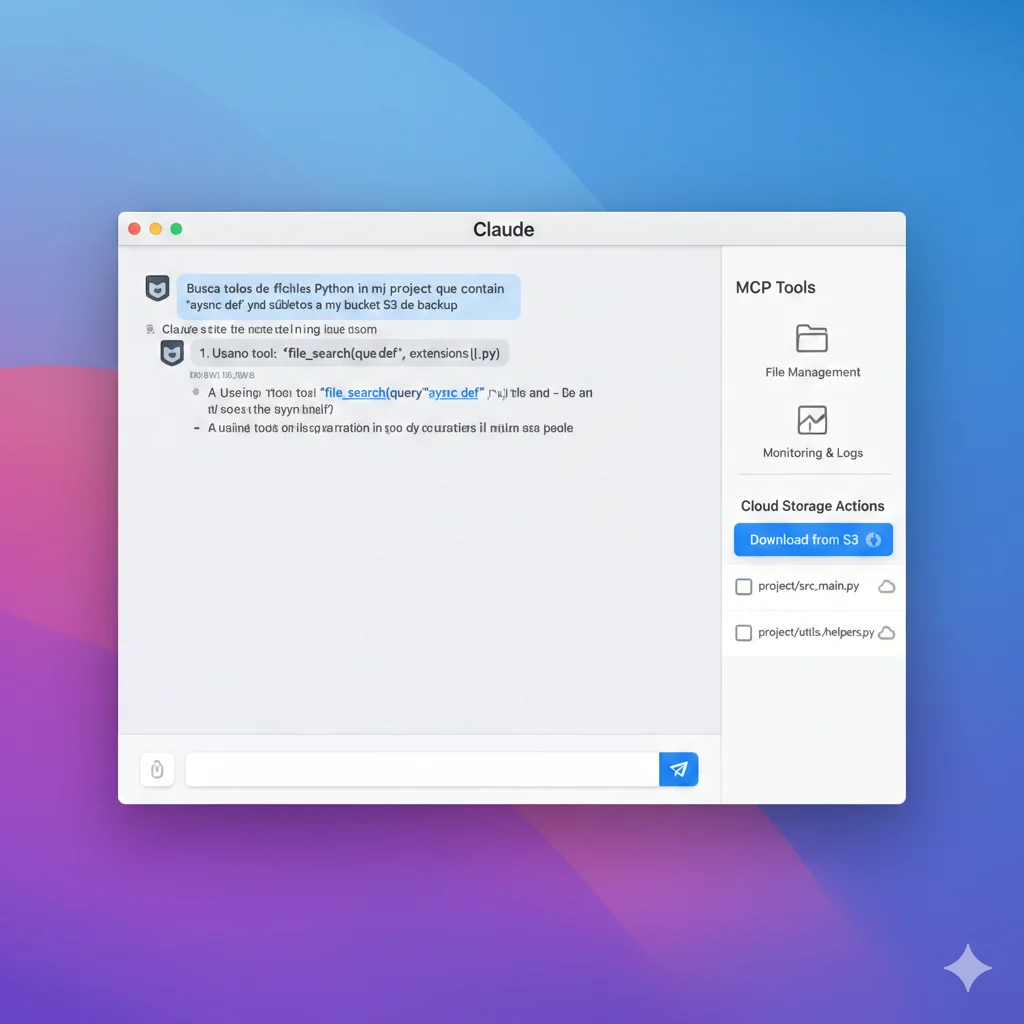 Screenshot de Claude Desktop mostrando panel de tools disponibles con weather-calculator server conectado y ejemplo de conversación usando get_weather tool con respuesta de temperatura