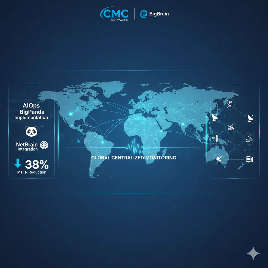 Mapa mundial mostrando operaciones globales de CMC Networks en 62 países con iconos representando infraestructura distribuida y puntos de presencia
