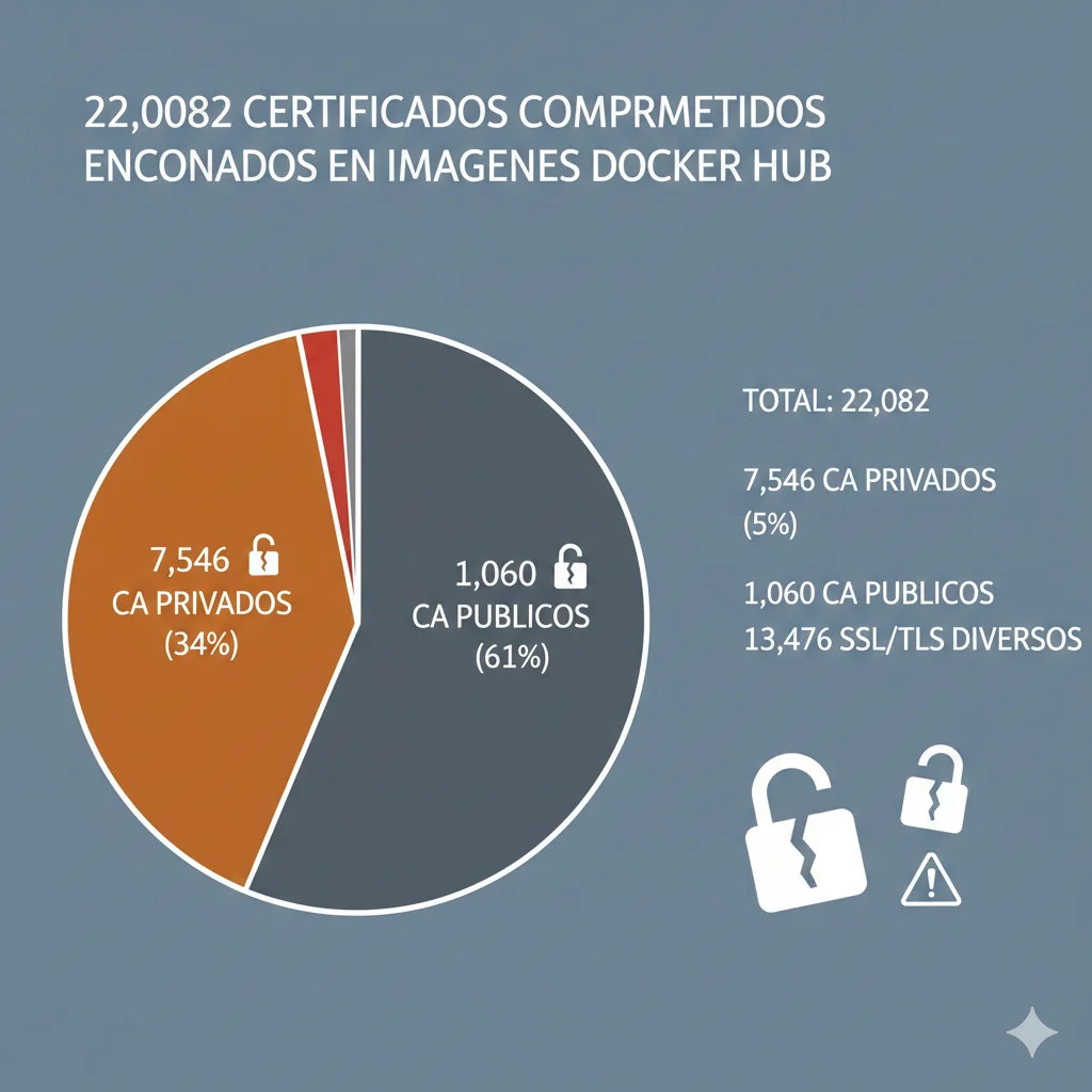 Gráfico circular mostrando distribución 22082 certificados comprometidos: 7546 firmados por CA privados, 1060 por CA públicos, y resto auto-firmados, con iconos candados rotos