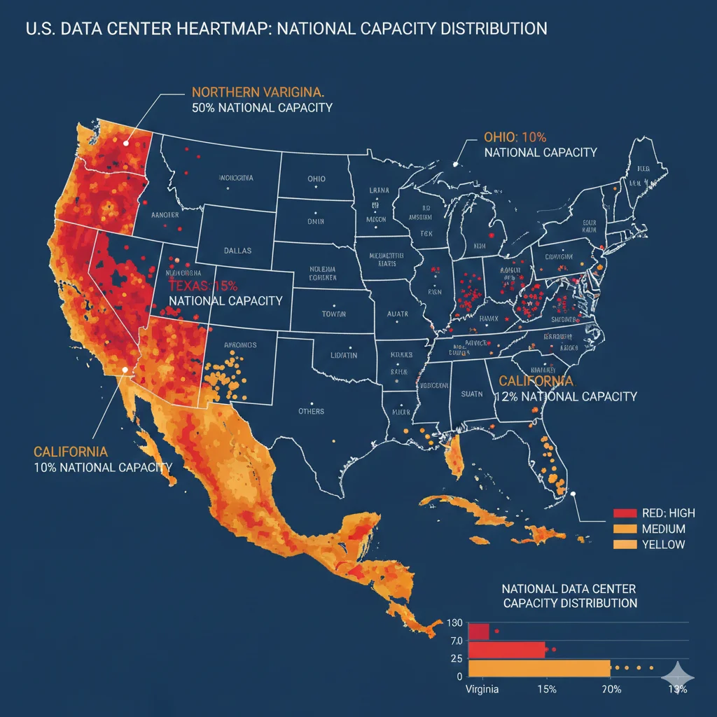 Mapa de Estados Unidos mostrando concentración de data centers en Virginia, Texas, Ohio, Illinois y Oregon con indicadores de aumento de precios eléctricos por región