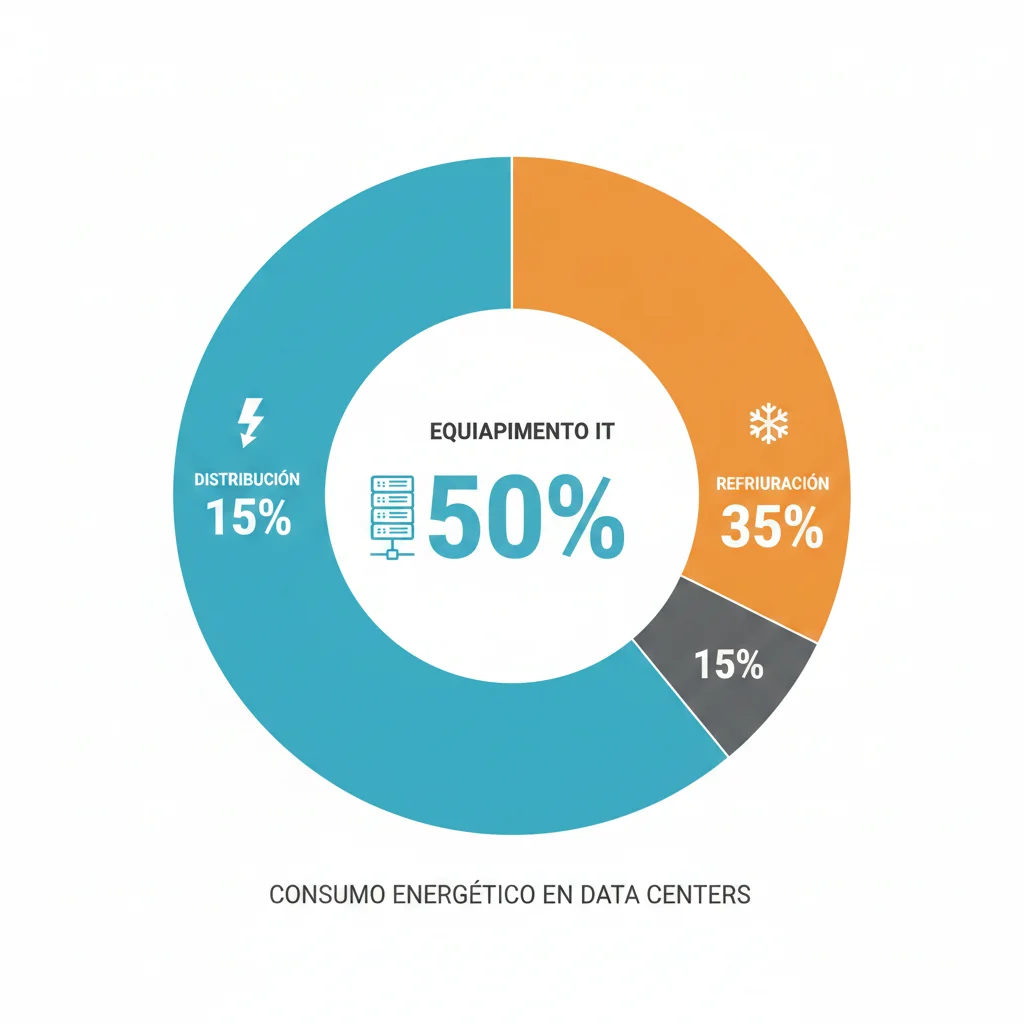 Gráfico circular mostrando distribución de consumo energético en data centers: 50% equipamiento IT, 35% refrigeración, 15% distribución eléctrica y otros sistemas