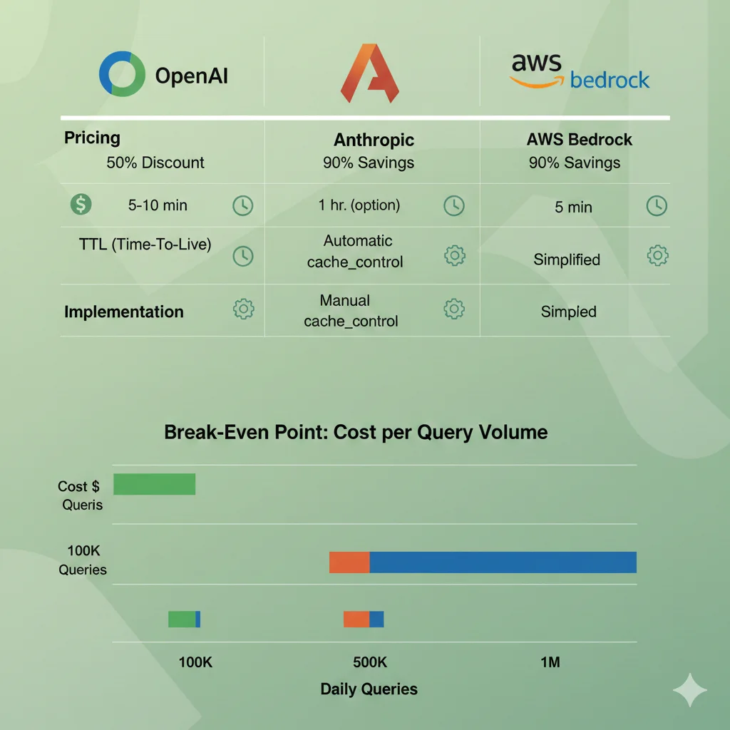 Tabla comparativa pricing OpenAI vs Anthropic vs AWS Bedrock prompt caching mostrando break-even points según volumen queries, Anthropic gana en high-volume >100k queries/día