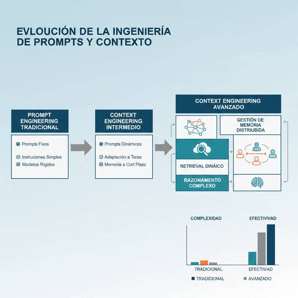 Diagrama mostrando la evolución desde prompt engineering tradicional hasta context engineering avanzado con gestión de memoria, retrieval dinámico y arquitecturas multi-agente