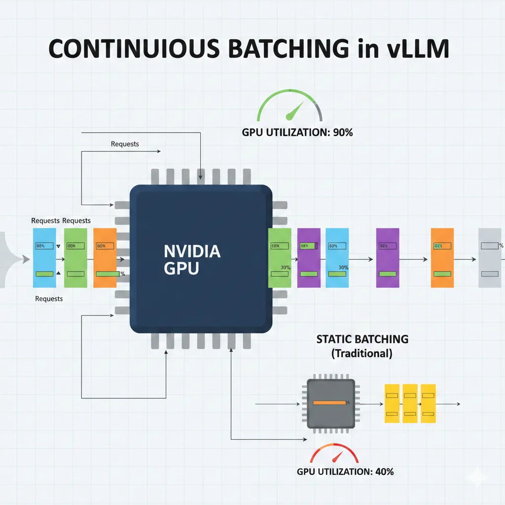 Diagrama de arquitectura de continuous batching en vLLM mostrando cómo múltiples requests se procesan simultáneamente en GPU