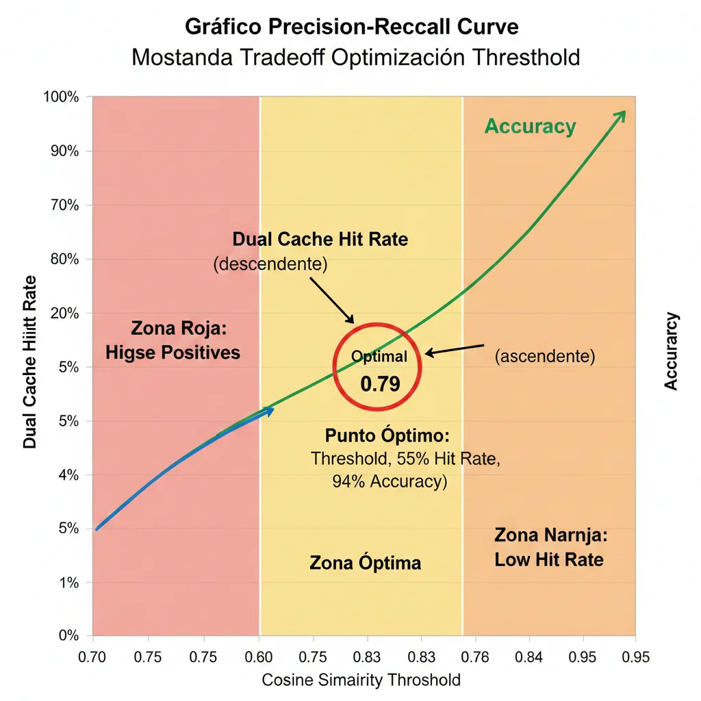 Gráfico precision-recall curve mostrando tradeoff entre cache hit rate y accuracy según threshold cosine similarity, punto óptimo 0.79 con 55% hit rate y 94% accuracy