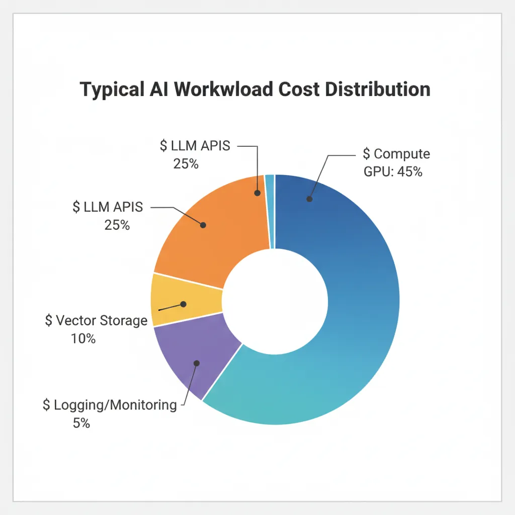 Diagrama circular breakdown típico factura cloud AI workload mostrando distribución porcentual costes compute GPU 45%, LLM APIs 25%, storage vectores 15%, data transfer 10%, logging 5%