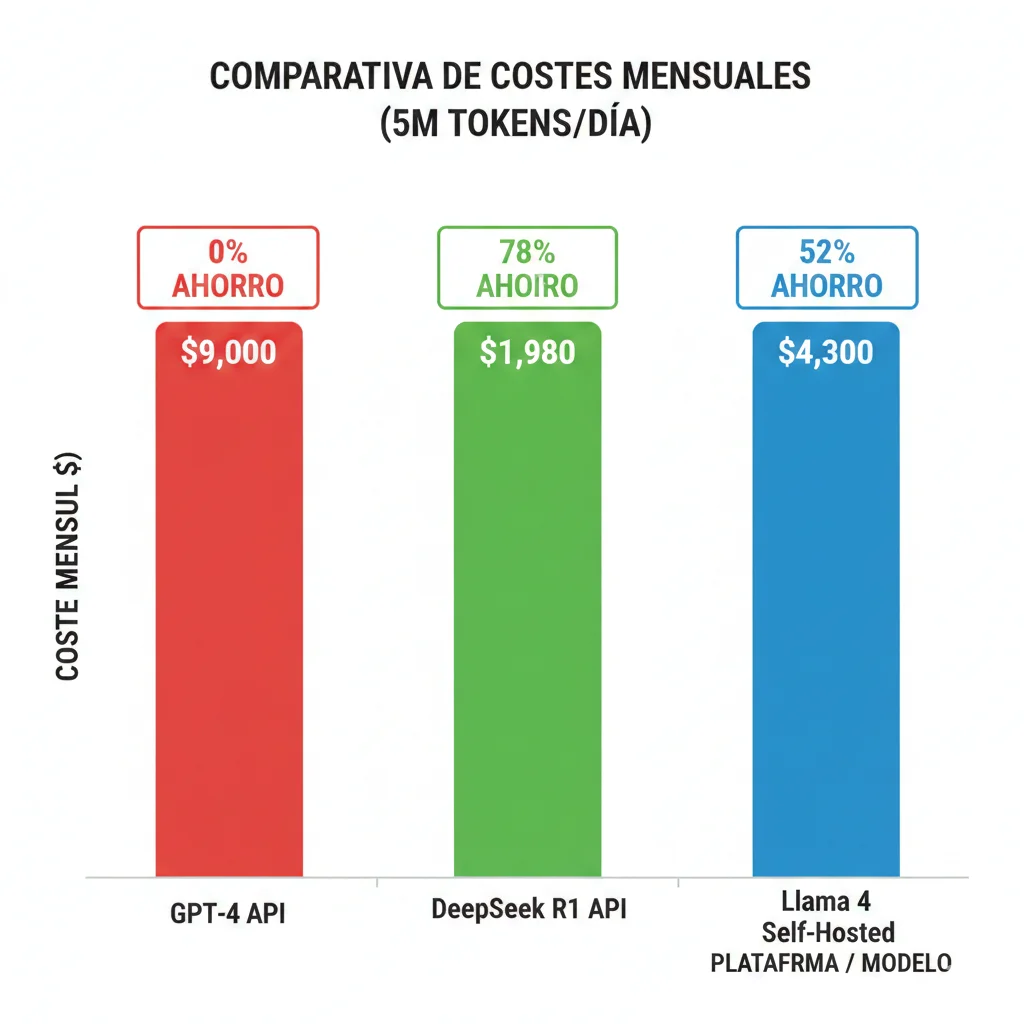 Gráfico comparativo de costes mensuales entre GPT-4 API ($9,000), DeepSeek R1 API ($1,980), y Llama 4 Self-Hosted ($4,300) para 5 millones de tokens diarios
