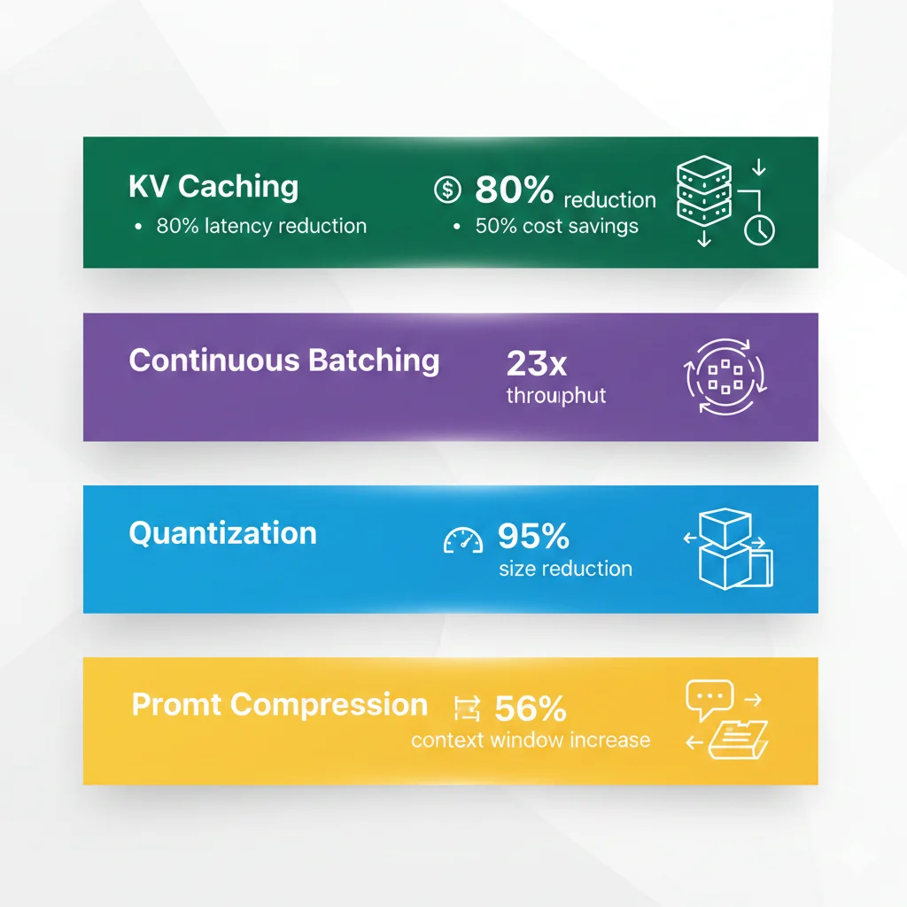 Comparativa visual de técnicas de optimización mostrando impacto: KV caching 80% latency reduction, continuous batching 23x throughput, quantization 95% size reduction, prompt compression 56% cost reduction