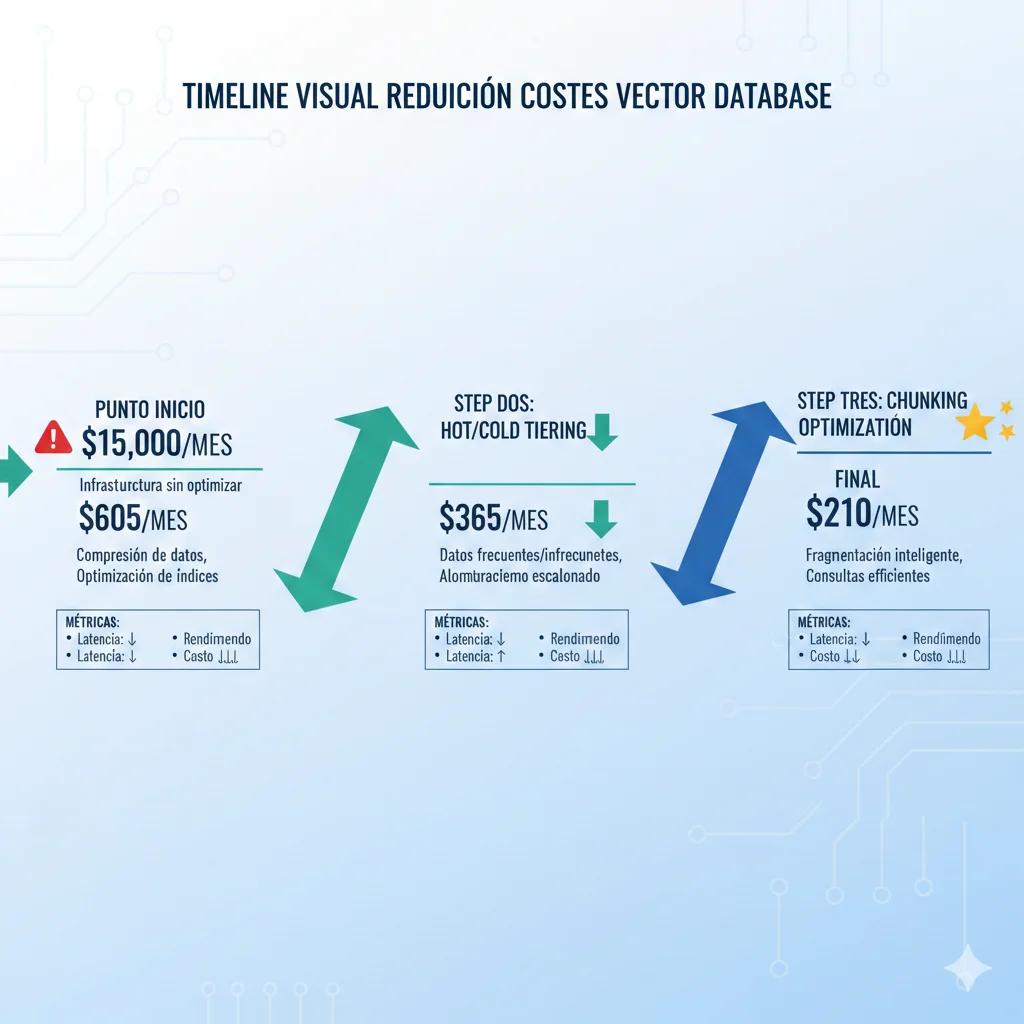 Timeline visual mostrando journey reducción costes vector database de $15000/mes a $210/mes en 3 pasos: Step 1 voyage+binary $605/mes, Step 2 hot/cold tiering $365/mes, Step 3 chunking optimization $210/mes, con métricas accuracy retention en cada paso