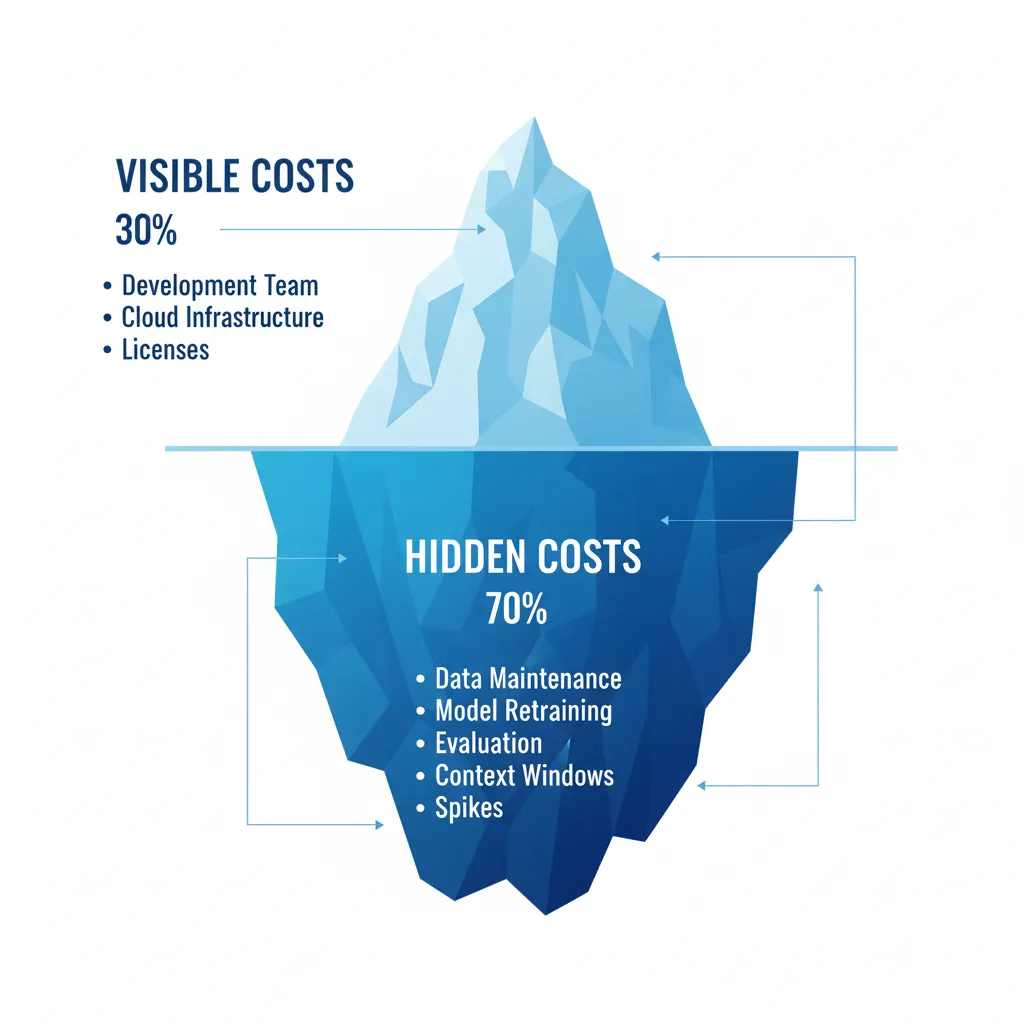 Diagrama iceberg mostrando costes visibles (30%) vs costes ocultos (70%) en agentes IA