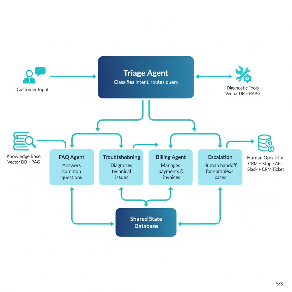 Diagrama arquitectura customer service multi-agente mostrando triage agent clasificando intent, FAQ agent con RAG retrieval, troubleshooting agent con diagnostic workflow, escalation agent coordinando human handoff, y shared state tracking customer context e issue history