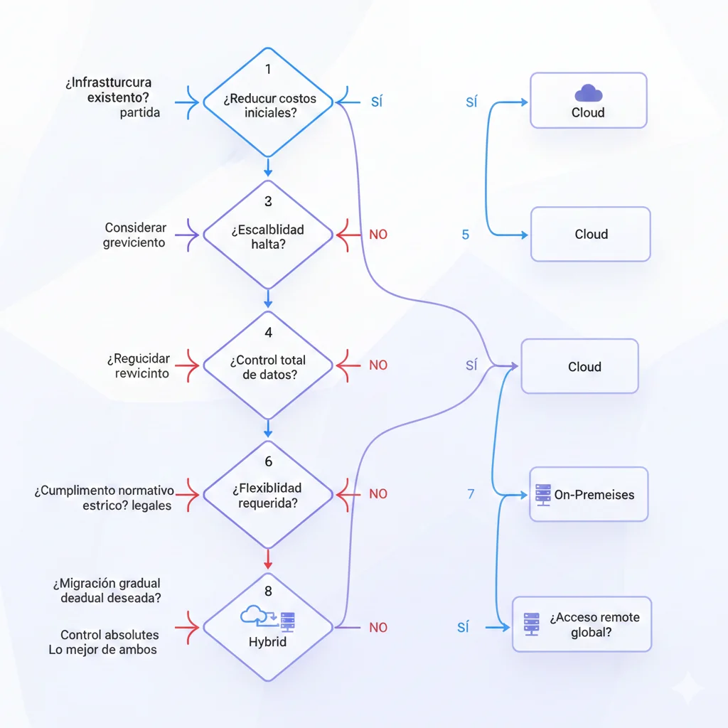 Flowchart interactivo de decisión con 8 preguntas clave para determinar si migrar AI workloads a cloud, on-premises o híbrido