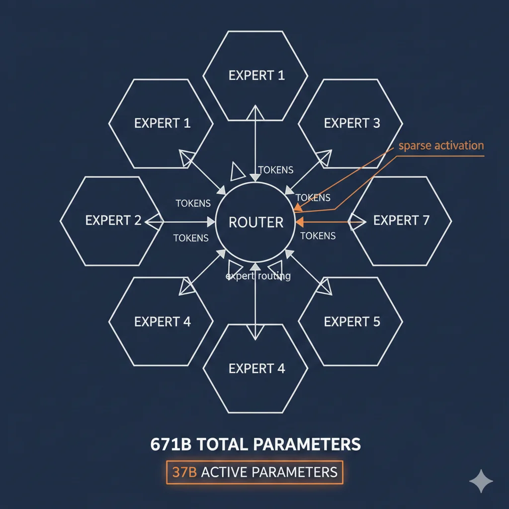 Diagrama arquitectura Mixture of Experts DeepSeek R1 671B parámetros 37B activos