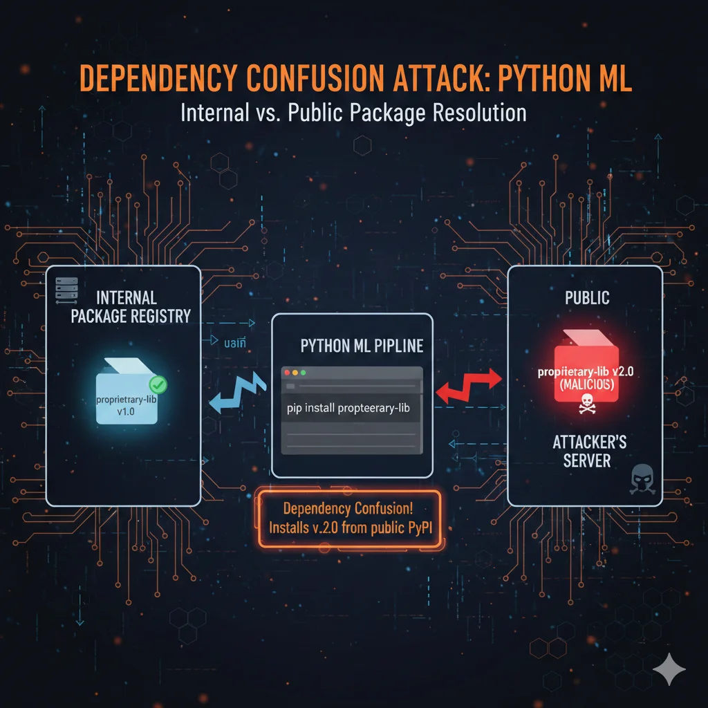 Diagrama mostrando dependency confusion attack: atacante sube package con mismo nombre que package privado interno pero versión más alta a PyPI público, pip instala versión maliciosa
