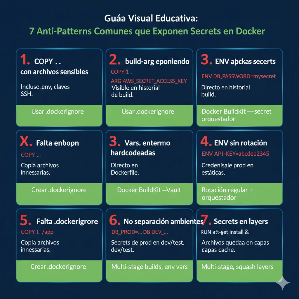 Diagrama visual guía mostrando 7 anti-patterns comunes exposición secrets Docker: COPY punto punto, build-arg, variables entorno, env hardcodeado, sin dockerignore, sin separación ambientes, sin rotación