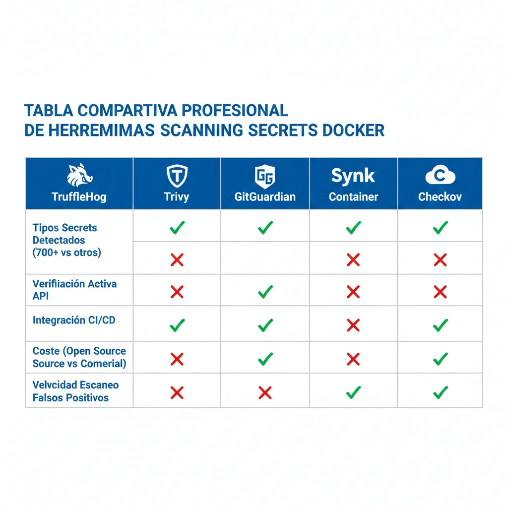 Tabla comparativa herramientas scanning Docker: TruffleHog 700 detectors verificación activa, Trivy 30 segundos scan 95.2 por ciento detection, Snyk Container análisis profundo comercial