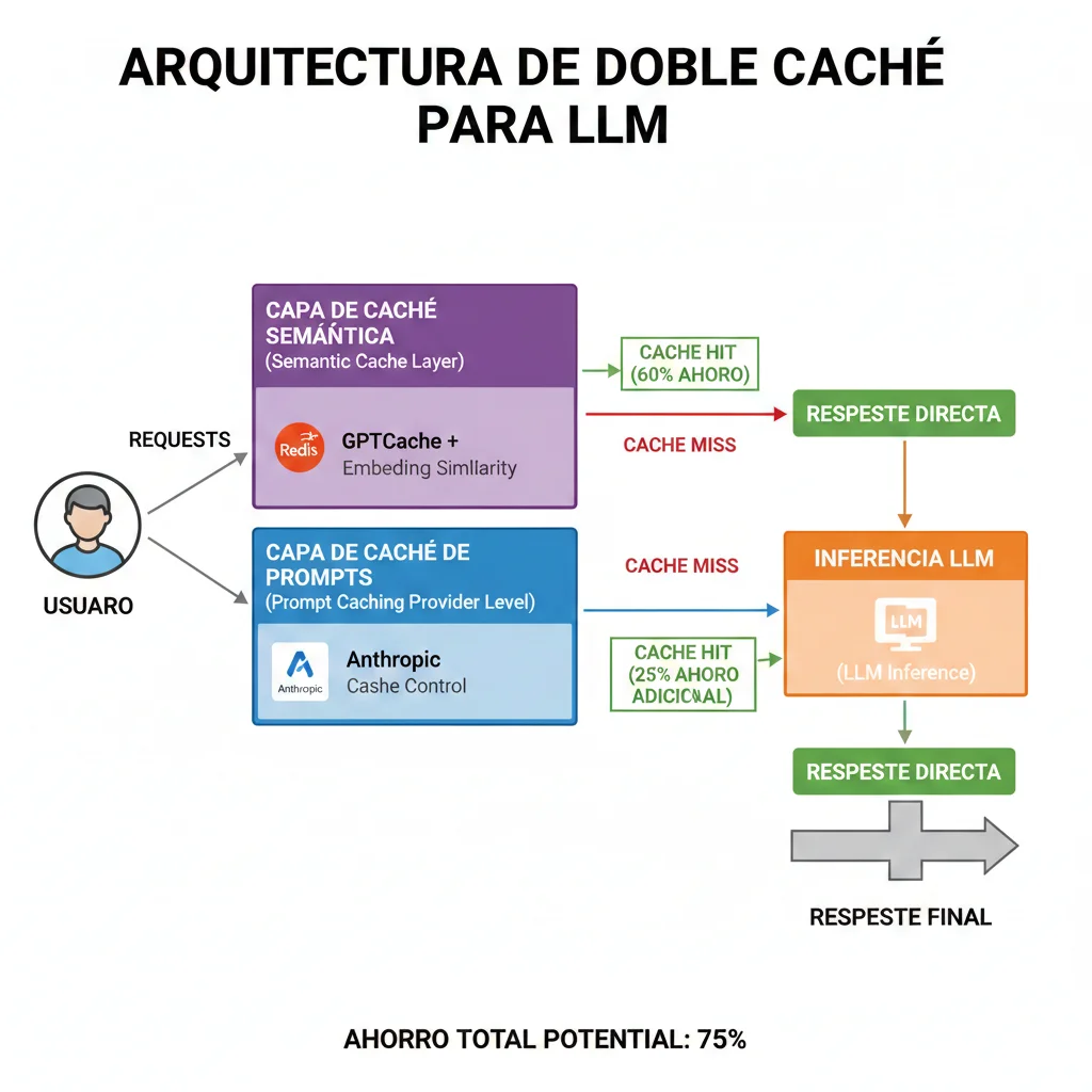 Diagrama arquitectura double caching mostrando semantic cache layer Redis GPTCache más prompt caching provider level Anthropic con flujo requests y cache hits