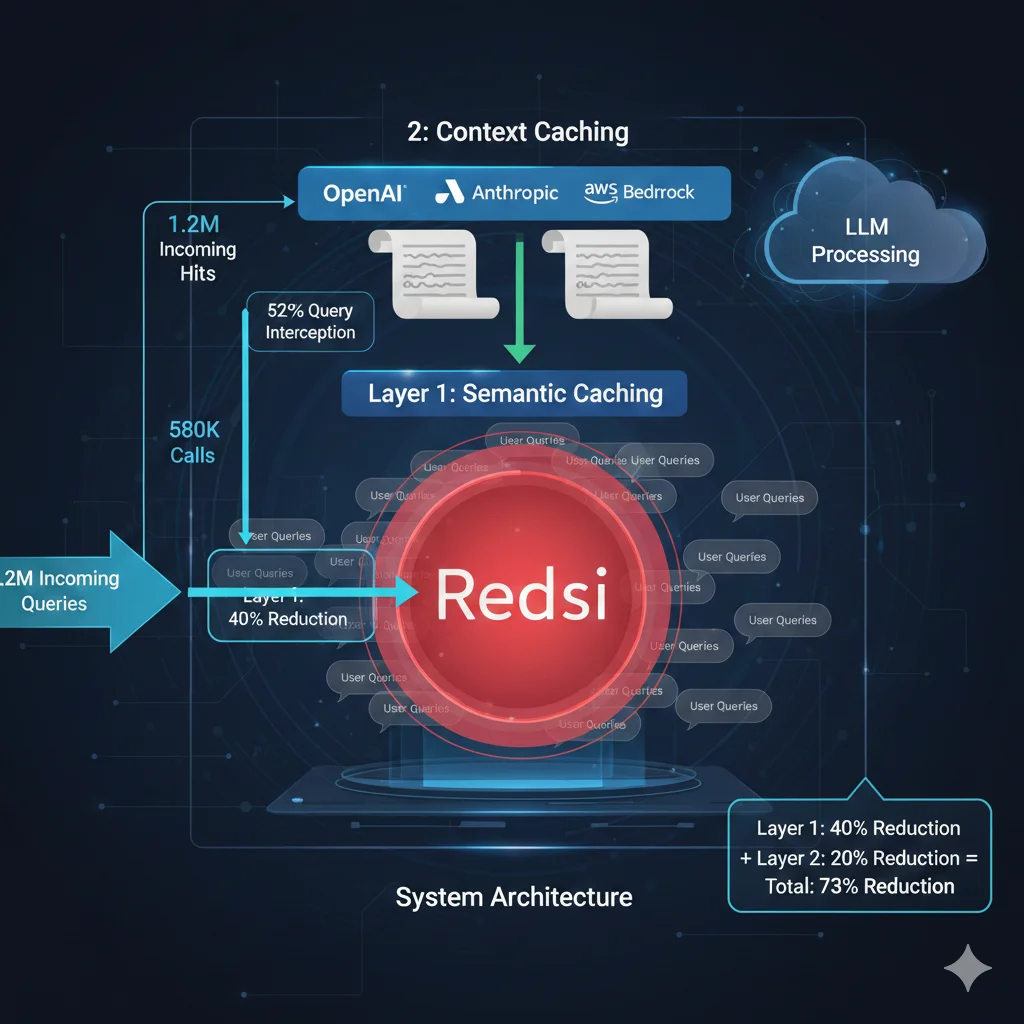 Arquitectura dual-layer caching mostrando Layer 1 semantic caching con Redis interceptando queries repetitivas 40% ahorro, Layer 2 context caching provider-native cacheando system prompts 20% ahorro adicional, combinados logran 73% reducción total